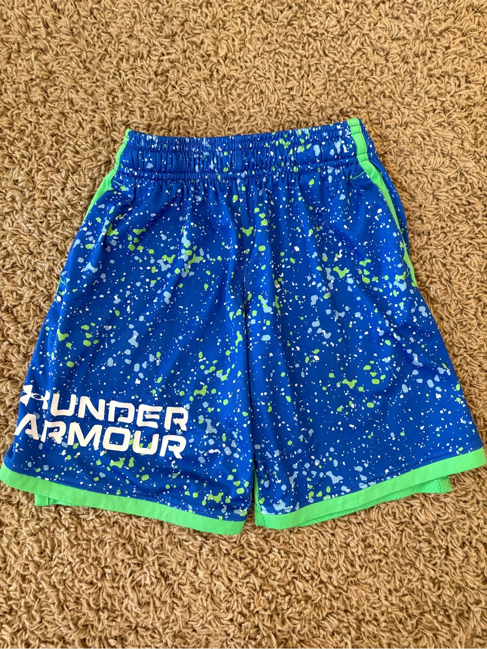 Under Armour Blue with Lime Green Accent Boys Athletic Shorts, Size YXS